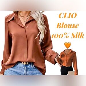 ✨🧡CLIO 100% Silk Long Sleeve Blouse – Medium – Rust✨🧡